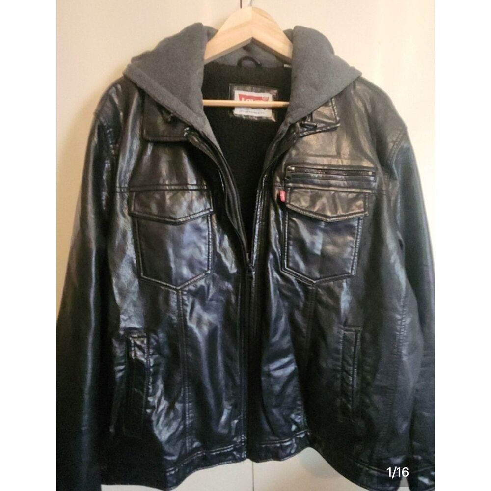 O2 Levi Strauss & Co Black soft Faux Leather Sherpa-Lined Moto Jacket w Hoodie
